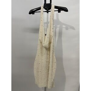 Oh Polly Ivory Pearl Beaded Cowl Halter Mini Dress Open Back US 10 Bodycon